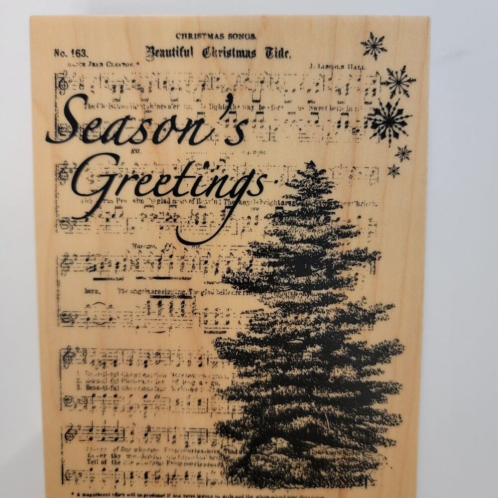 Recollections Christmas Noel Song Season Greetings Wood Rubber Stamp 4” x 5.25”